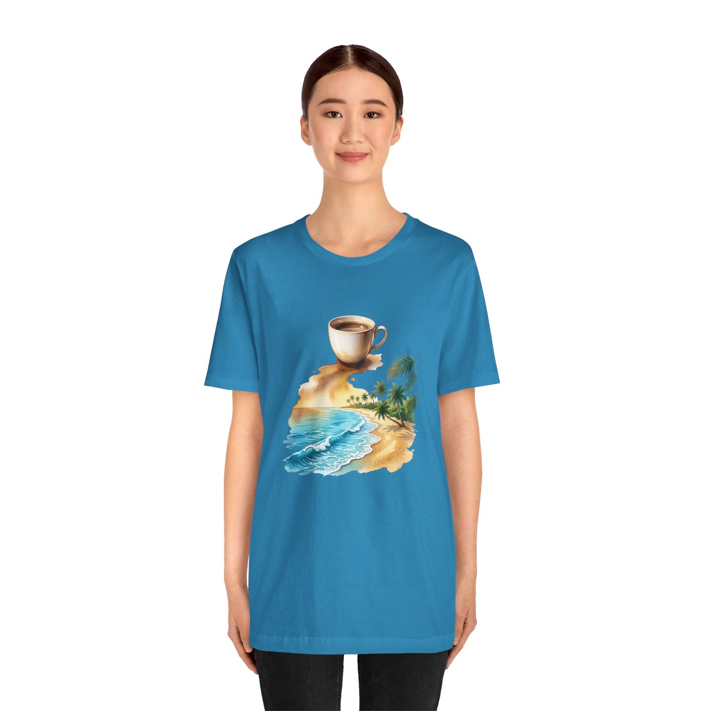 Coffee Beach Scene T-Shirt | Tropical Palm, Ocean WaveTricou Premium „Coffee & Ocean Escape” – 100% Bumbac Airlume, Design Artistic cu Cafea și Mare