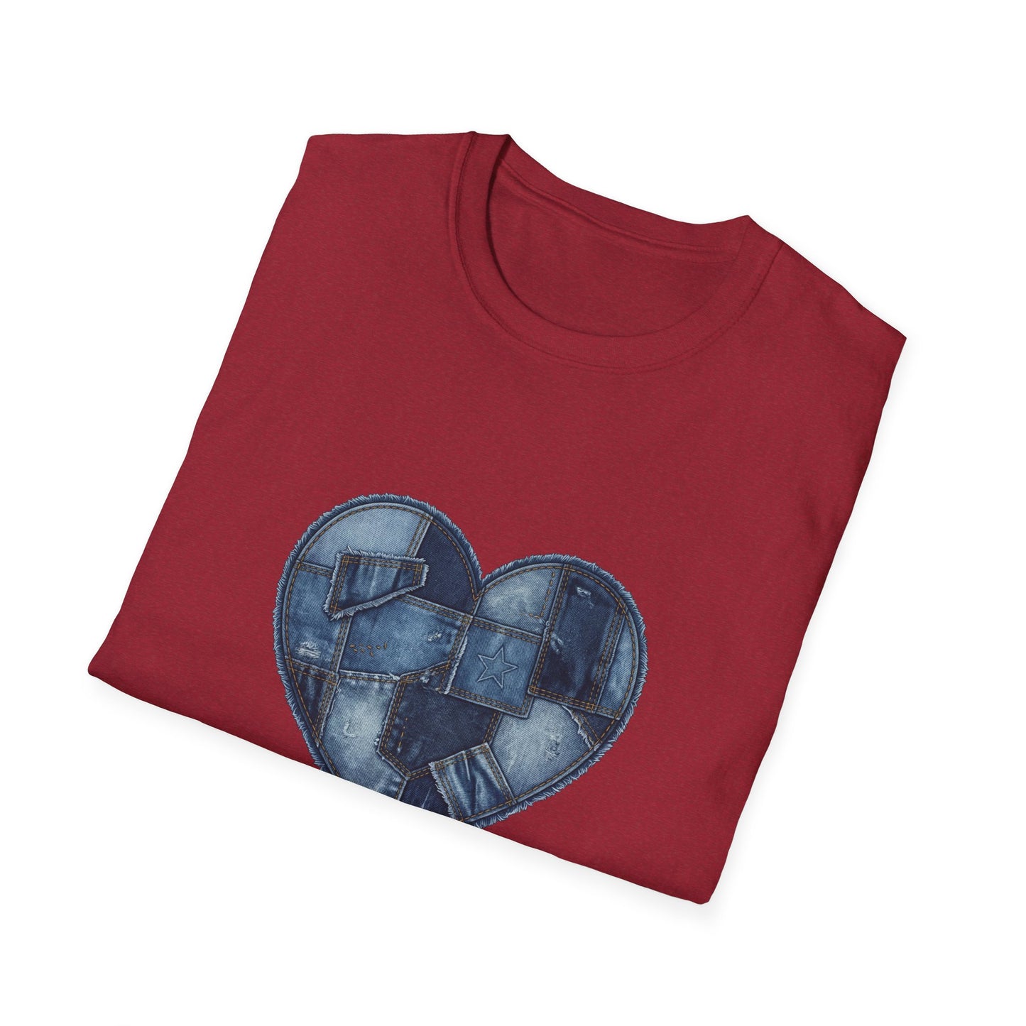 Patchwork Denim Heart T-Shirt | Blue Jean Heart DesignTricou Unisex Premium Gildan Softstyle 64000 – 100% Bumbac & Confort Modern