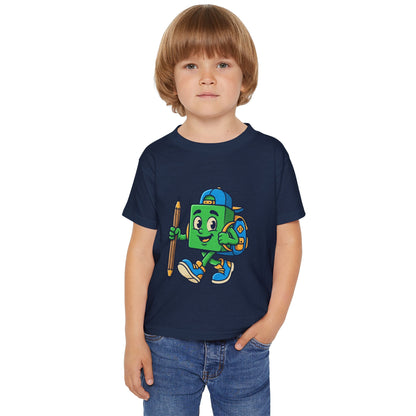 Back-to-School Cartoon Backpack Character Toddler T-shirt | Pencil Walking Kids ShirtTricou Personalizat pentru Băieți cu Aventurier Cartoon | 100% Bumbac Premium pentru Copii