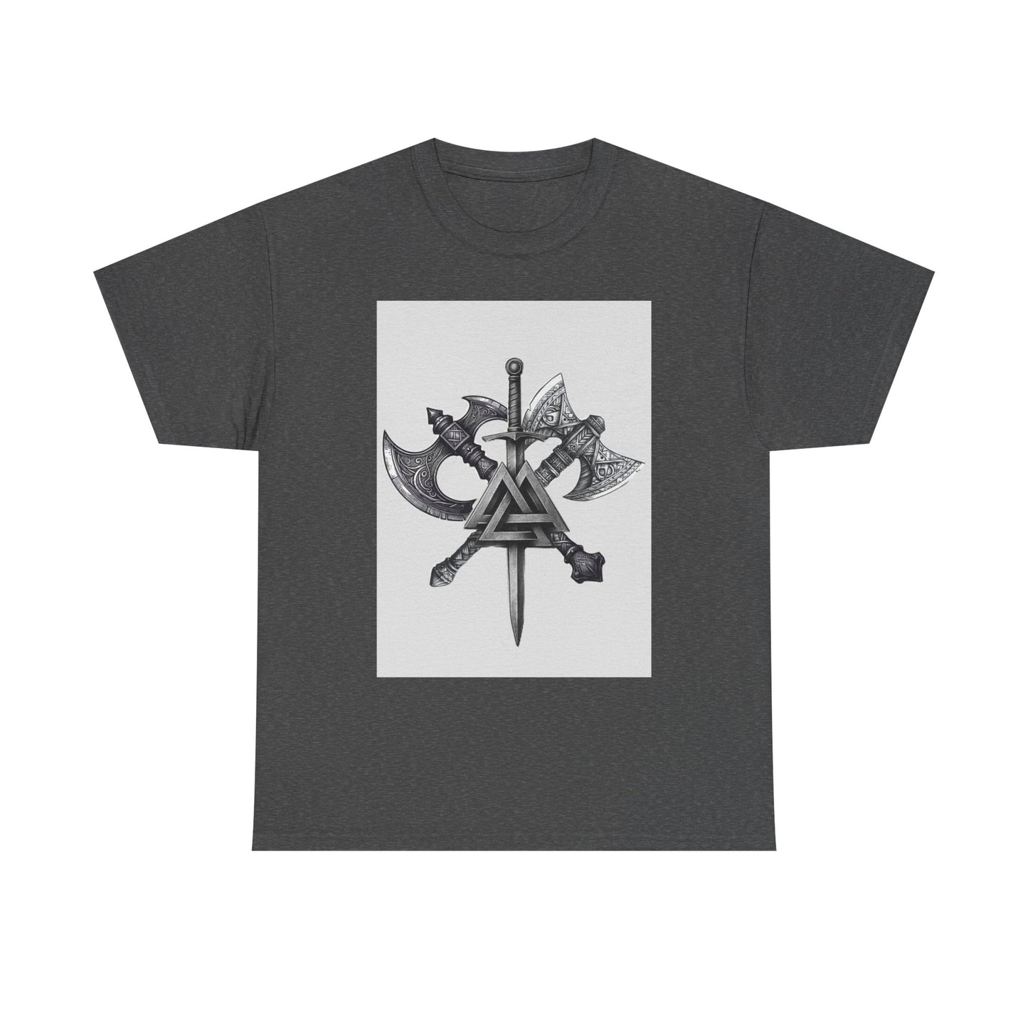 Valknut Viking Axe and Sword T-Shirt | Norse Rune Knotback Tee