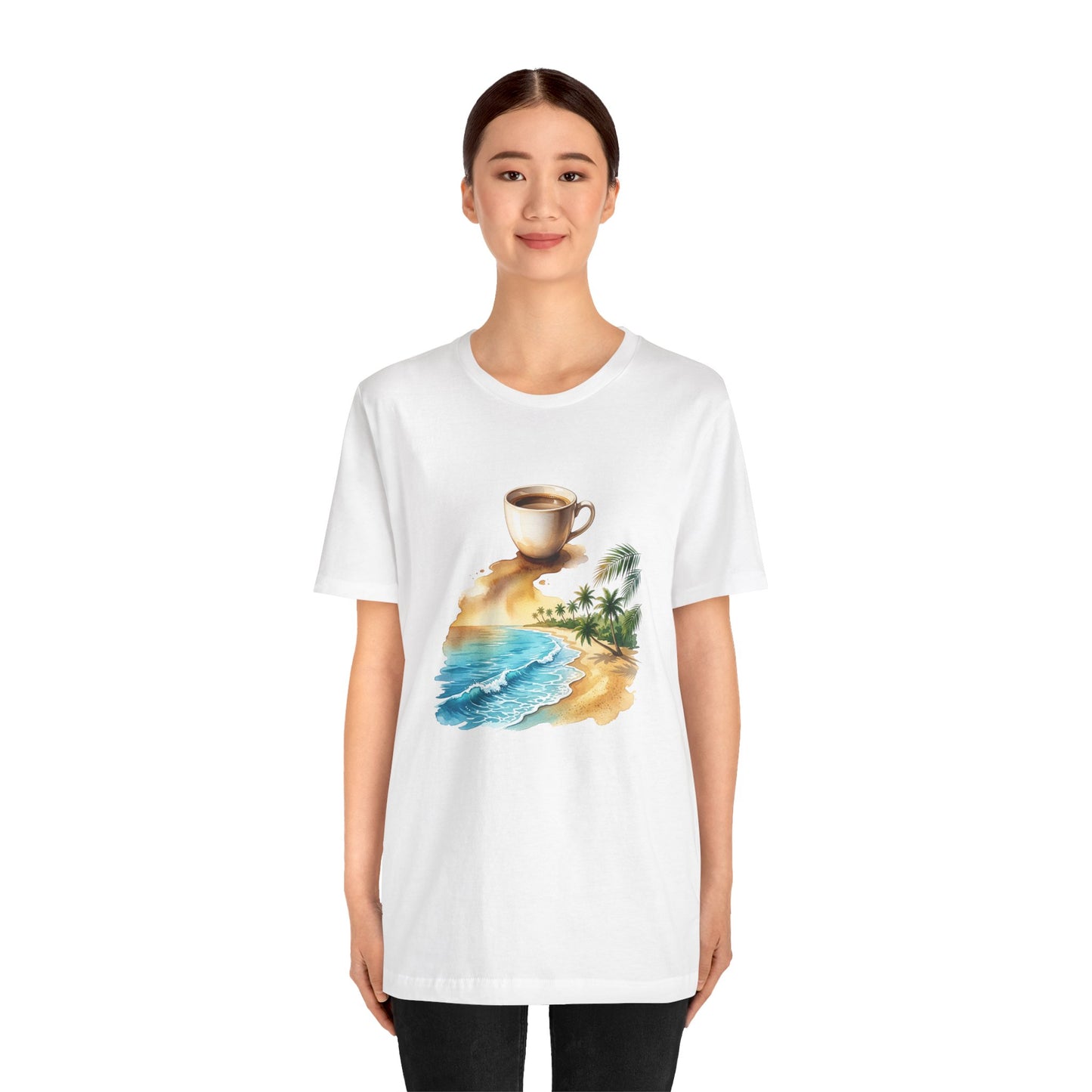 Coffee Beach Scene T-Shirt | Tropical Palm, Ocean WaveTricou Premium „Coffee & Ocean Escape” – 100% Bumbac Airlume, Design Artistic cu Cafea și Mare