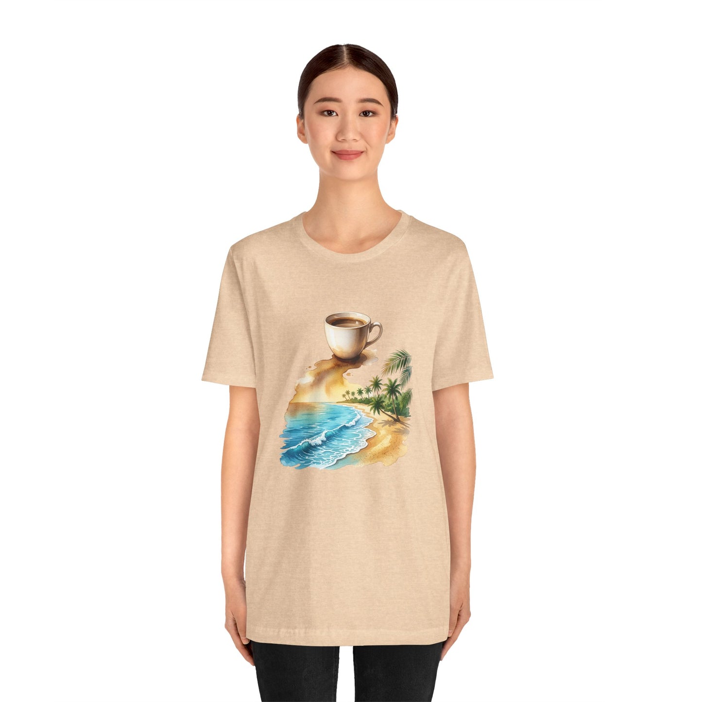 Coffee Beach Scene T-Shirt | Tropical Palm, Ocean WaveTricou Premium „Coffee & Ocean Escape” – 100% Bumbac Airlume, Design Artistic cu Cafea și Mare