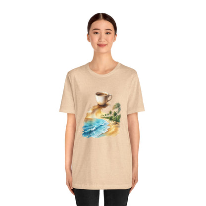 Coffee Beach Scene T-Shirt | Tropical Palm, Ocean WaveTricou Premium „Coffee & Ocean Escape” – 100% Bumbac Airlume, Design Artistic cu Cafea și Mare
