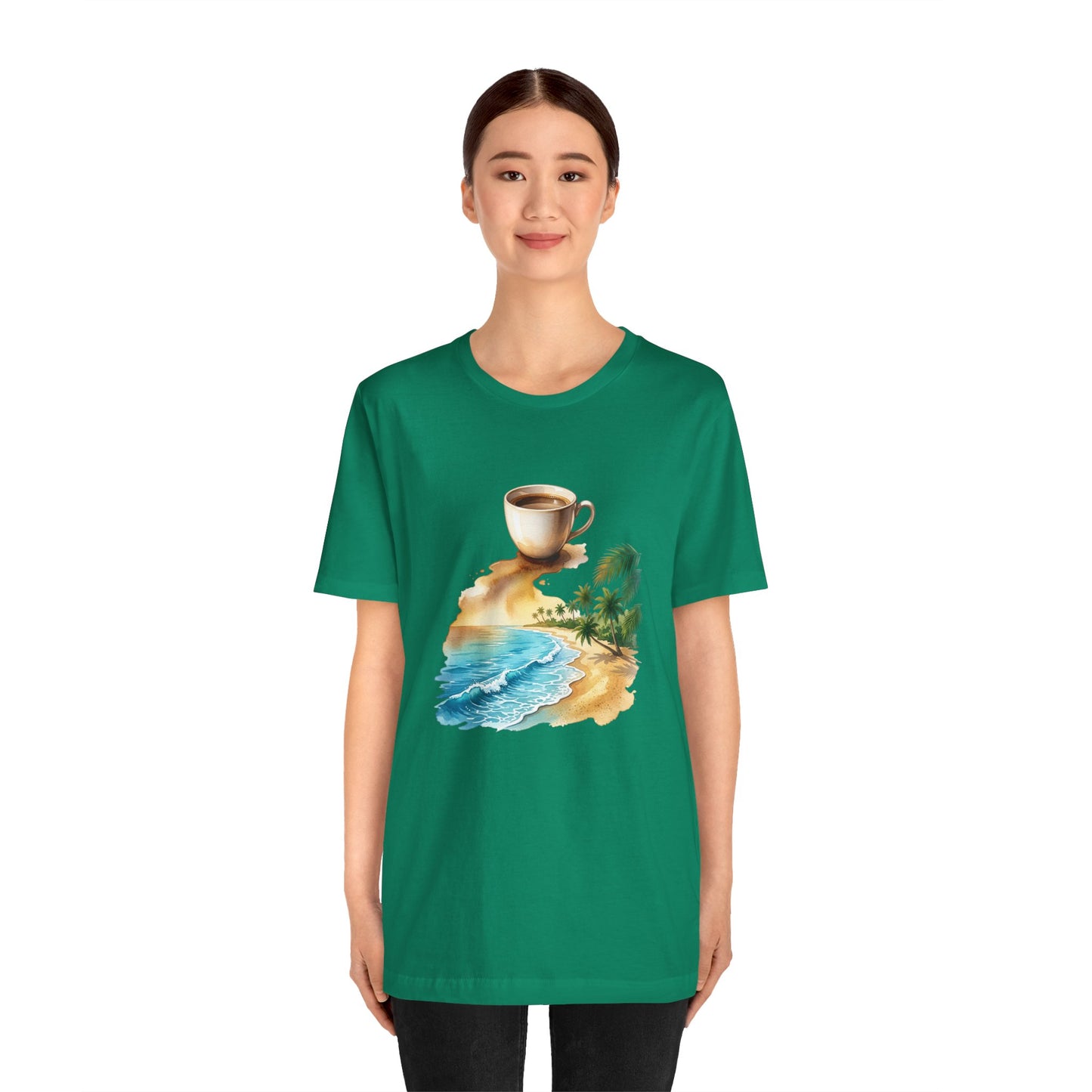 Coffee Beach Scene T-Shirt | Tropical Palm, Ocean WaveTricou Premium „Coffee & Ocean Escape” – 100% Bumbac Airlume, Design Artistic cu Cafea și Mare