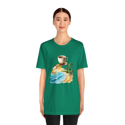Coffee Beach Scene T-Shirt | Tropical Palm, Ocean WaveTricou Premium „Coffee & Ocean Escape” – 100% Bumbac Airlume, Design Artistic cu Cafea și Mare