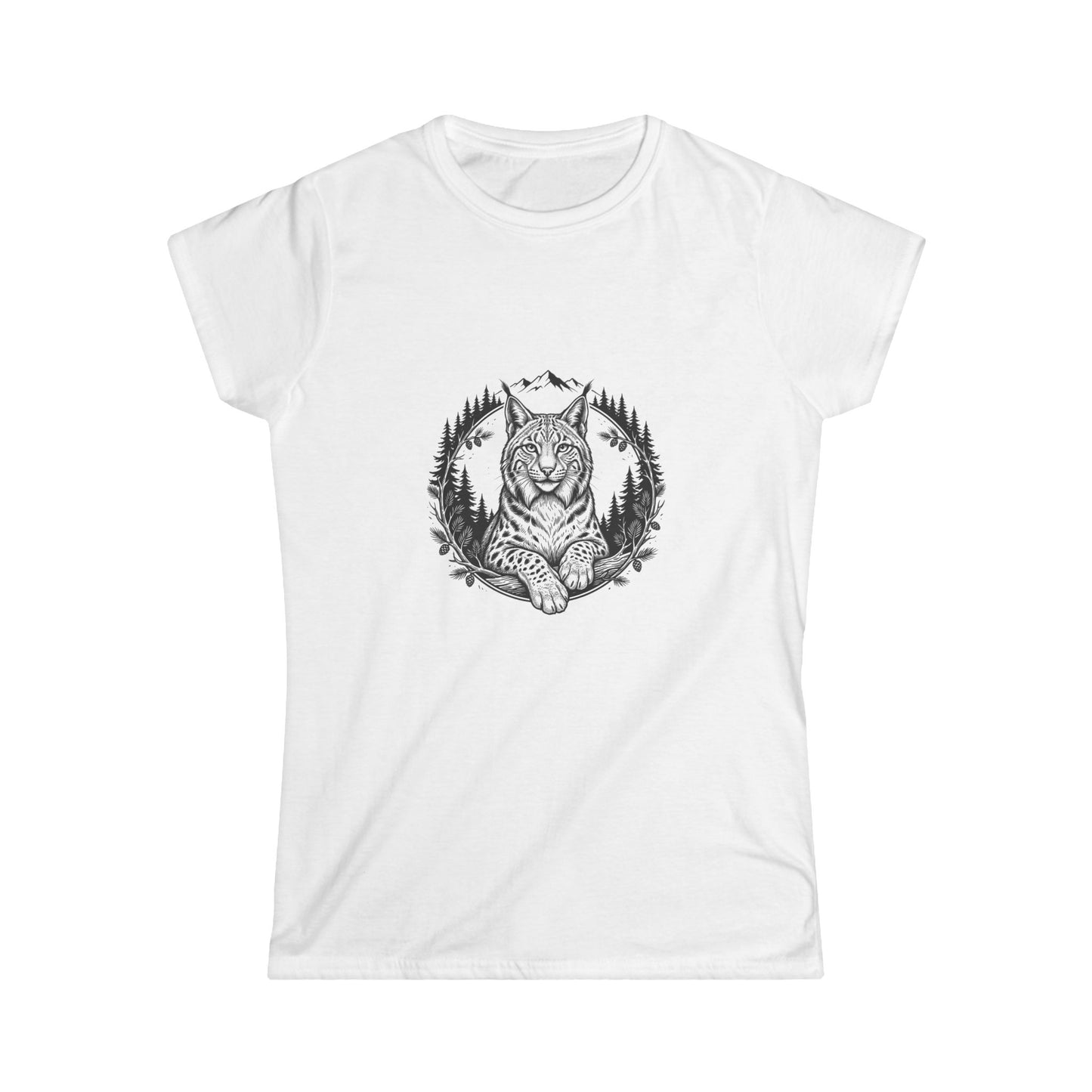 Lynx Forest Illustration Tee | Mountain Pines Wildlife ShirtTricou Damă Softstyle – Bumbac Premium, Croială Feminină & Confort Zilnic