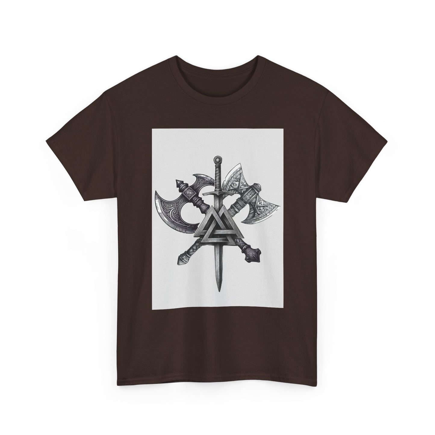 Valknut Viking Axe and Sword T-Shirt | Norse Rune Knotback Tee