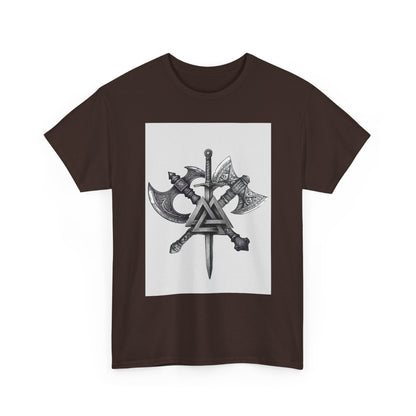 Valknut Viking Axe and Sword T-Shirt | Norse Rune Knotback Tee