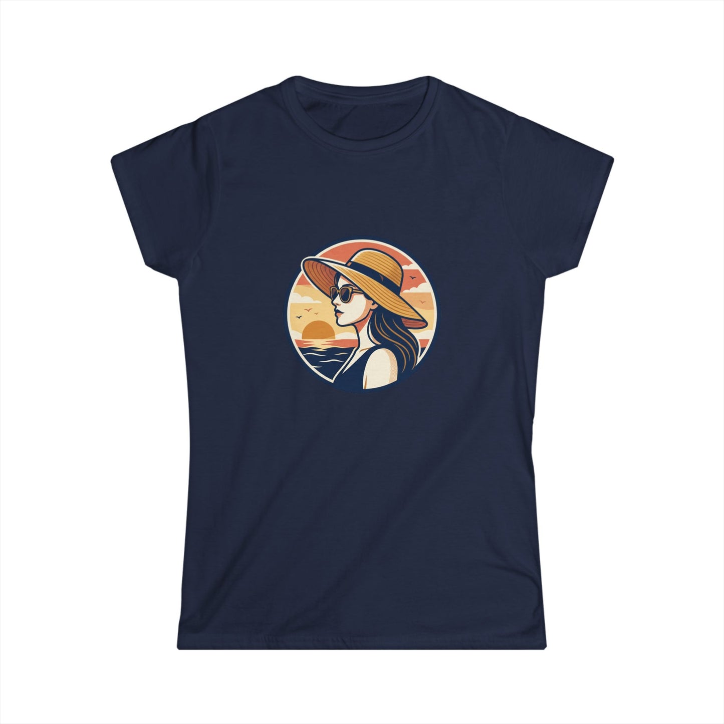 Woman in Sun Hat Tee | Retro Sunset Beach Illustration