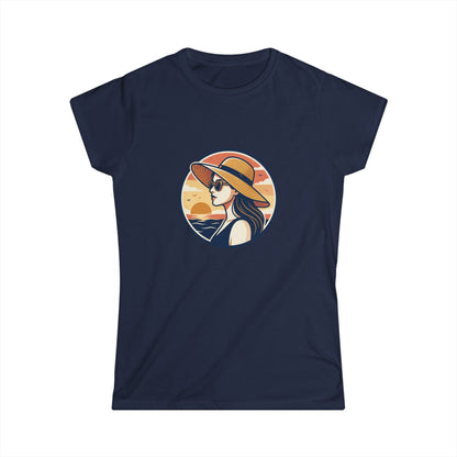 Woman in Sun Hat Tee | Retro Sunset Beach Illustration