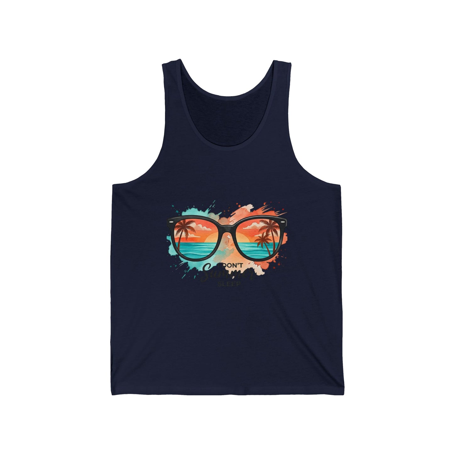 Summer Sunglasses Tank | Beach Sunset Palm Tree GraphicMaiou Damă Premium „Summer Never Sleeps” – 100% Bumbac Airlume, Design Artistic cu Ochelari și Vibe Tropical