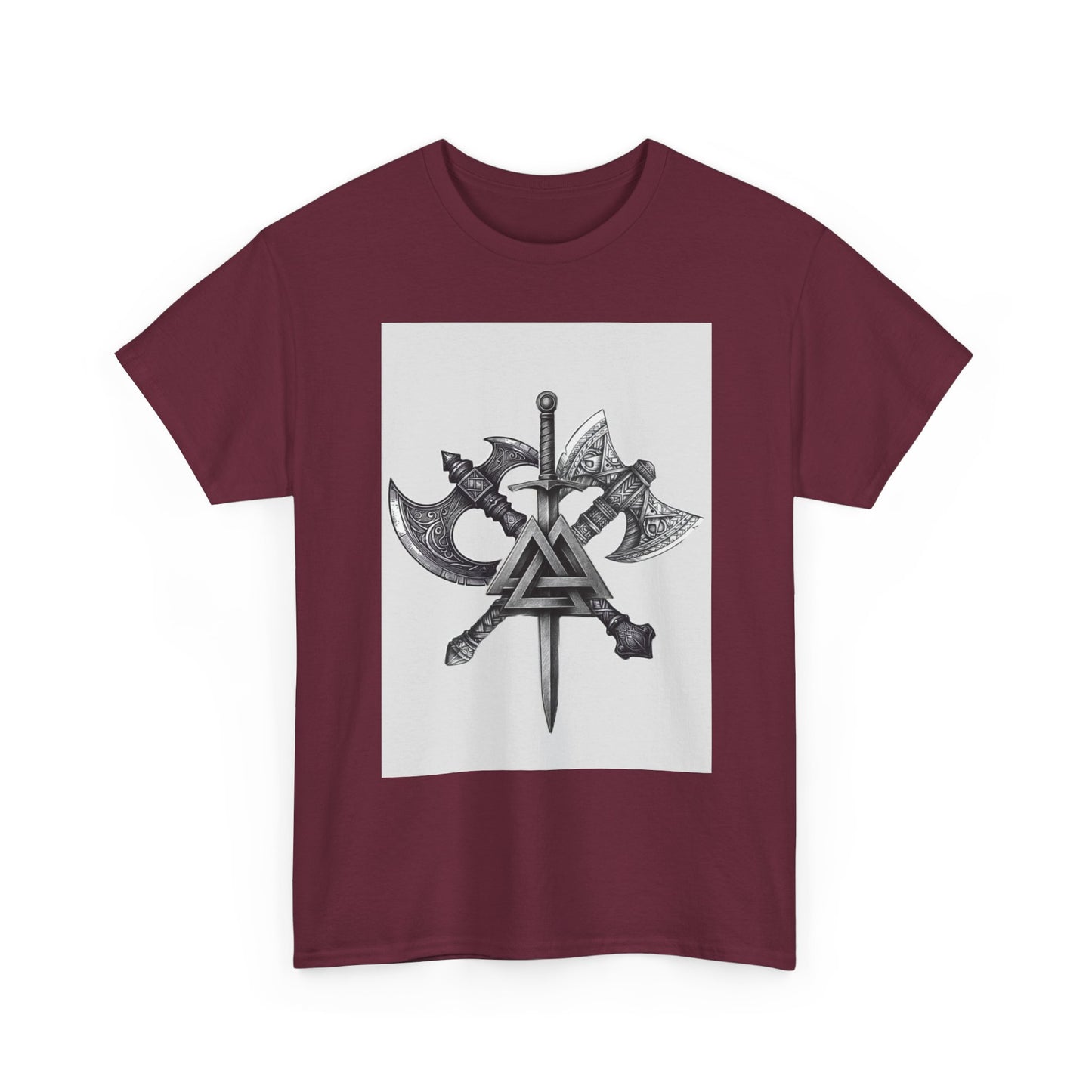 Valknut Viking Axe and Sword T-Shirt | Norse Rune Knotback Tee