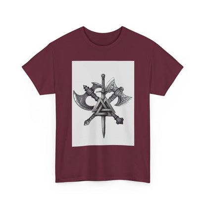 Valknut Viking Axe and Sword T-Shirt | Norse Rune Knotback Tee