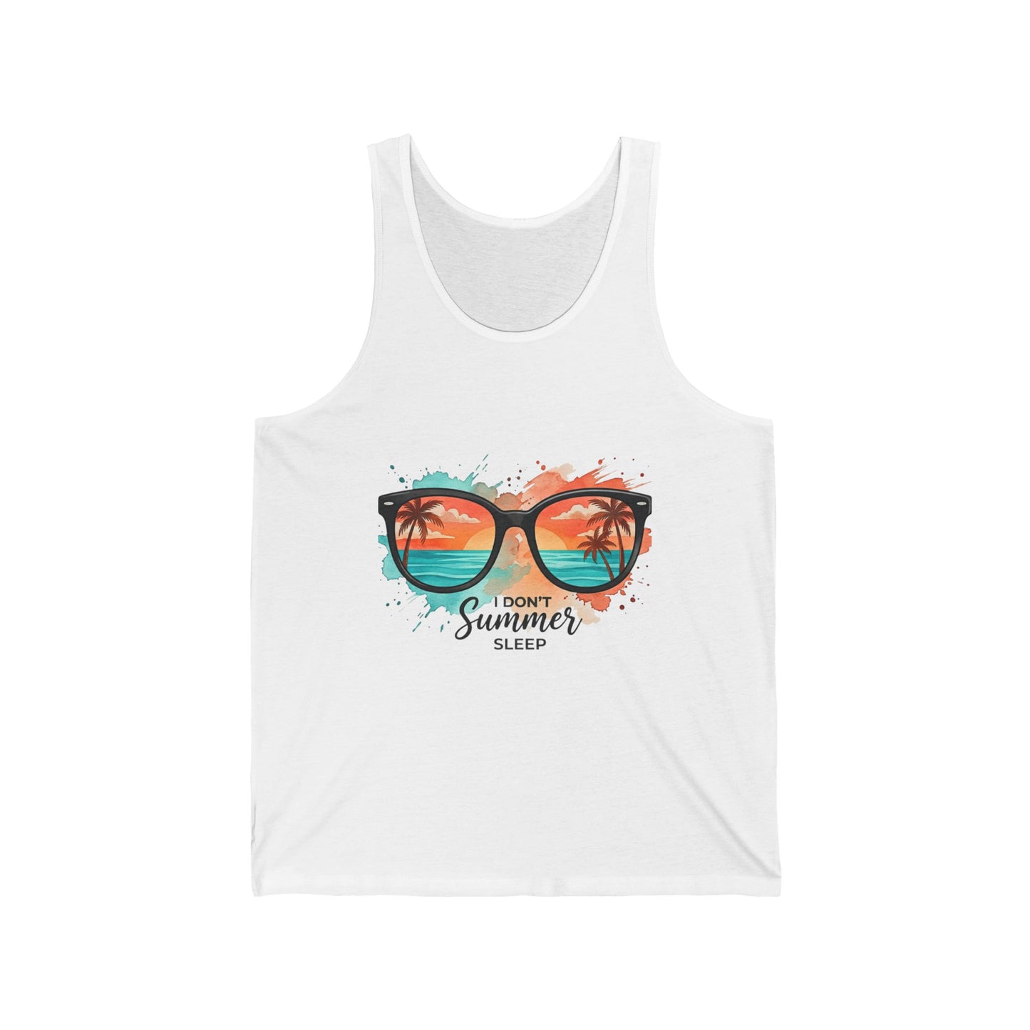 Summer Sunglasses Tank | Beach Sunset Palm Tree GraphicMaiou Damă Premium „Summer Never Sleeps” – 100% Bumbac Airlume, Design Artistic cu Ochelari și Vibe Tropical