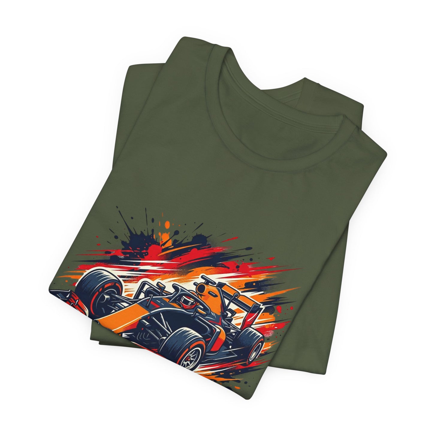Orange Race Car Tee | Formula Racing Graphic T-ricou Personalizat Formula Racing Red Storm | Bella Canvas® 3001 100% Bumbac Premium Unisex