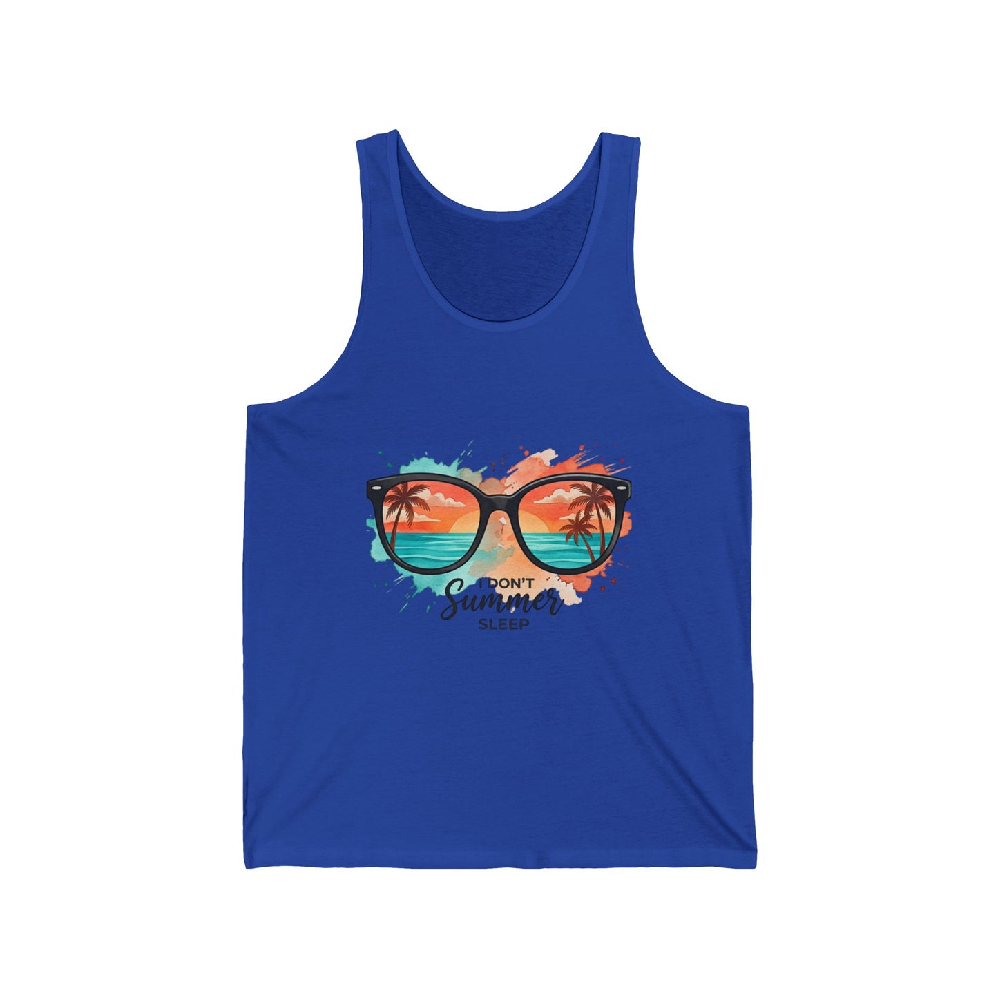Summer Sunglasses Tank | Beach Sunset Palm Tree GraphicMaiou Damă Premium „Summer Never Sleeps” – 100% Bumbac Airlume, Design Artistic cu Ochelari și Vibe Tropical