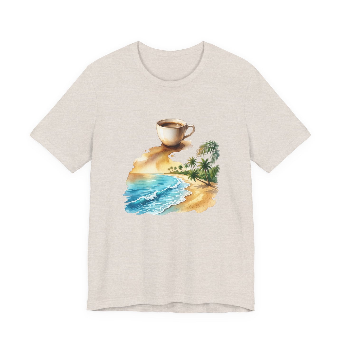 Coffee Beach Scene T-Shirt | Tropical Palm, Ocean WaveTricou Premium „Coffee & Ocean Escape” – 100% Bumbac Airlume, Design Artistic cu Cafea și Mare