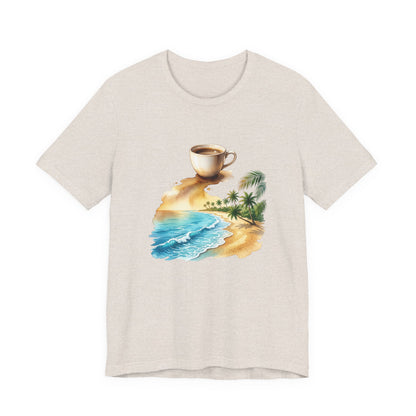Coffee Beach Scene T-Shirt | Tropical Palm, Ocean WaveTricou Premium „Coffee & Ocean Escape” – 100% Bumbac Airlume, Design Artistic cu Cafea și Mare