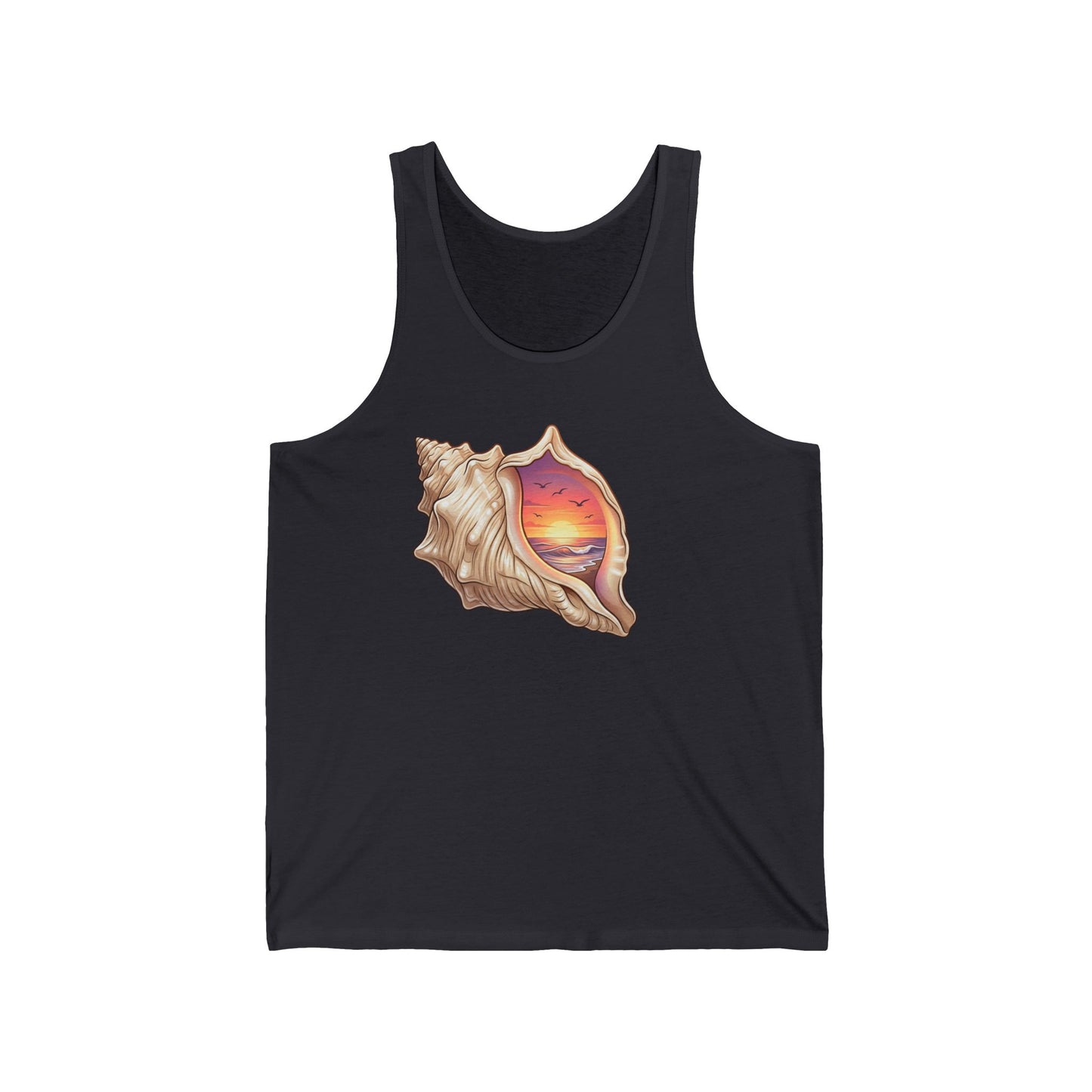 Seashell Sunset Tank | Beach Shell Sunset Illustration, Coastal VibesMaiou Personalizat Premium Unisex din Bumbac Airlume® | Ușor, Confortabil și Print Rezistent | Mărimi XS–2XL