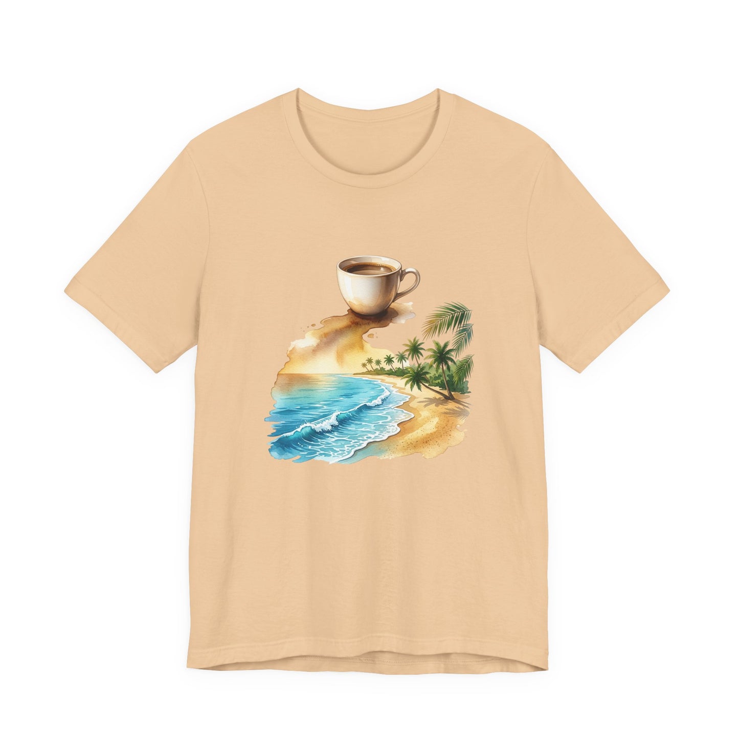 Coffee Beach Scene T-Shirt | Tropical Palm, Ocean WaveTricou Premium „Coffee & Ocean Escape” – 100% Bumbac Airlume, Design Artistic cu Cafea și Mare