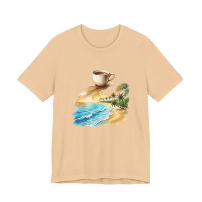 Coffee Beach Scene T-Shirt | Tropical Palm, Ocean WaveTricou Premium „Coffee & Ocean Escape” – 100% Bumbac Airlume, Design Artistic cu Cafea și Mare