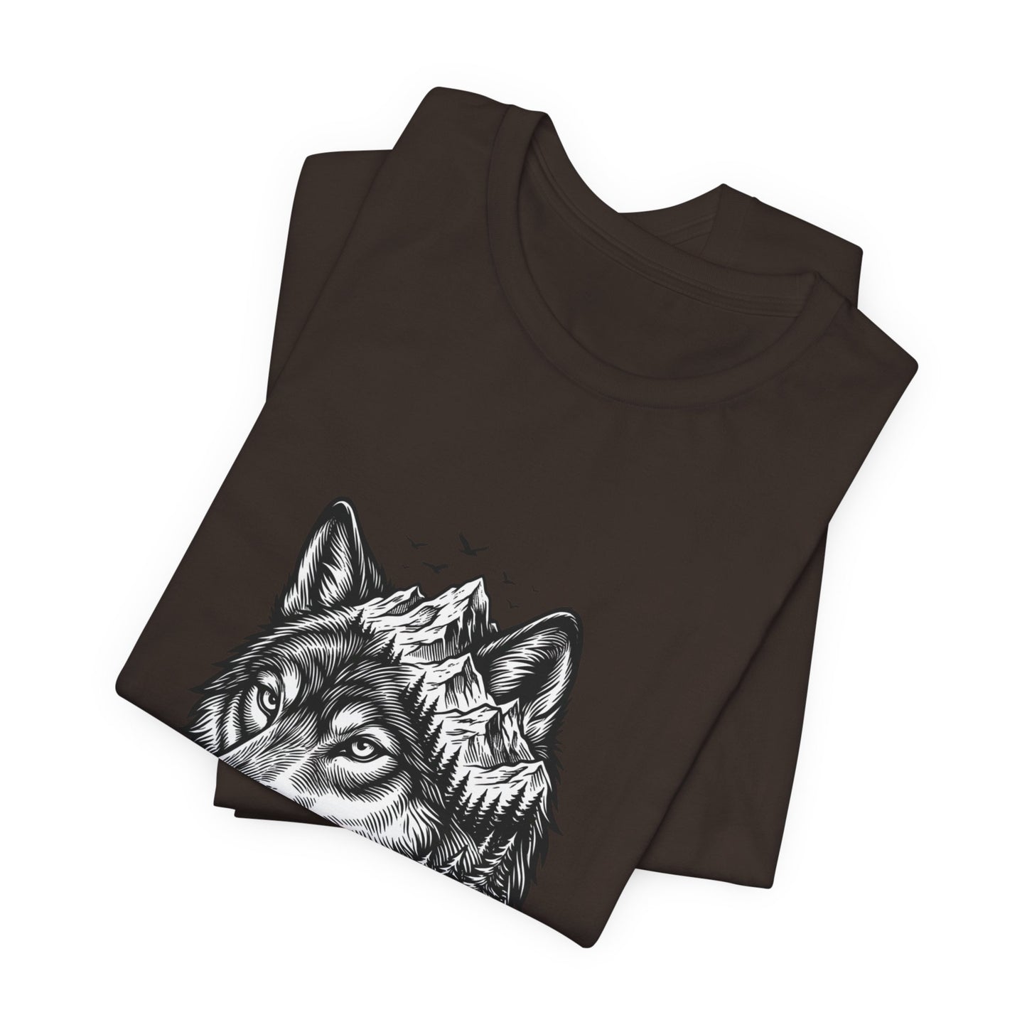 Wolf Head with Mountain Skyline T-Shirt | Nature Wildlife IllustrationTricou Unisex Premium Bella Canvas 3001 – Bumbac Moale, Stil Modern & Confort Zilnic