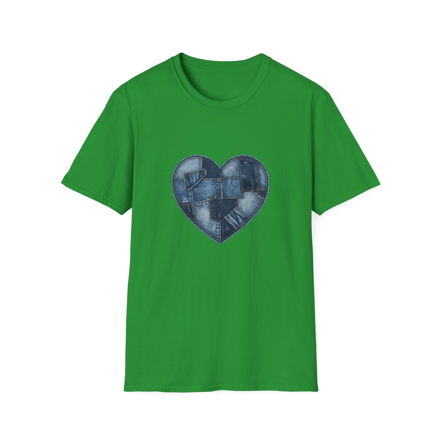 Patchwork Denim Heart T-Shirt | Blue Jean Heart DesignTricou Unisex Premium Gildan Softstyle 64000 – 100% Bumbac & Confort Modern