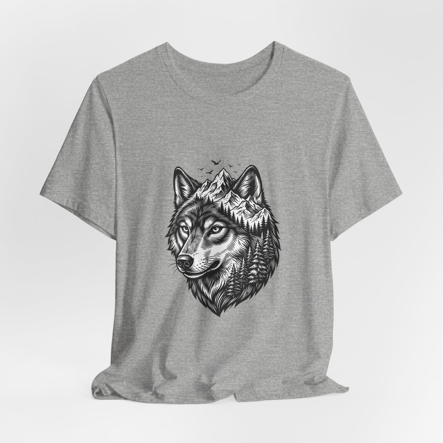 Wolf Head with Mountain Skyline T-Shirt | Nature Wildlife IllustrationTricou Unisex Premium Bella Canvas 3001 – Bumbac Moale, Stil Modern & Confort Zilnic