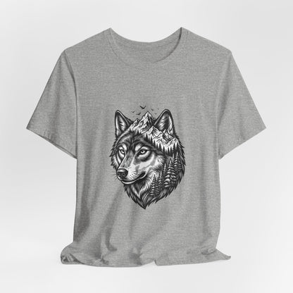 Wolf Head with Mountain Skyline T-Shirt | Nature Wildlife IllustrationTricou Unisex Premium Bella Canvas 3001 – Bumbac Moale, Stil Modern & Confort Zilnic