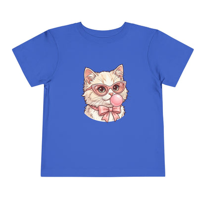 Cute Cat with Glasses and Bubblegum Toddler Tee | Pink Bow Cat Tricou Personalizat pentru Fetițe cu Pisicuță Roz Fashion | 100% Bumbac Premium pentru Copii