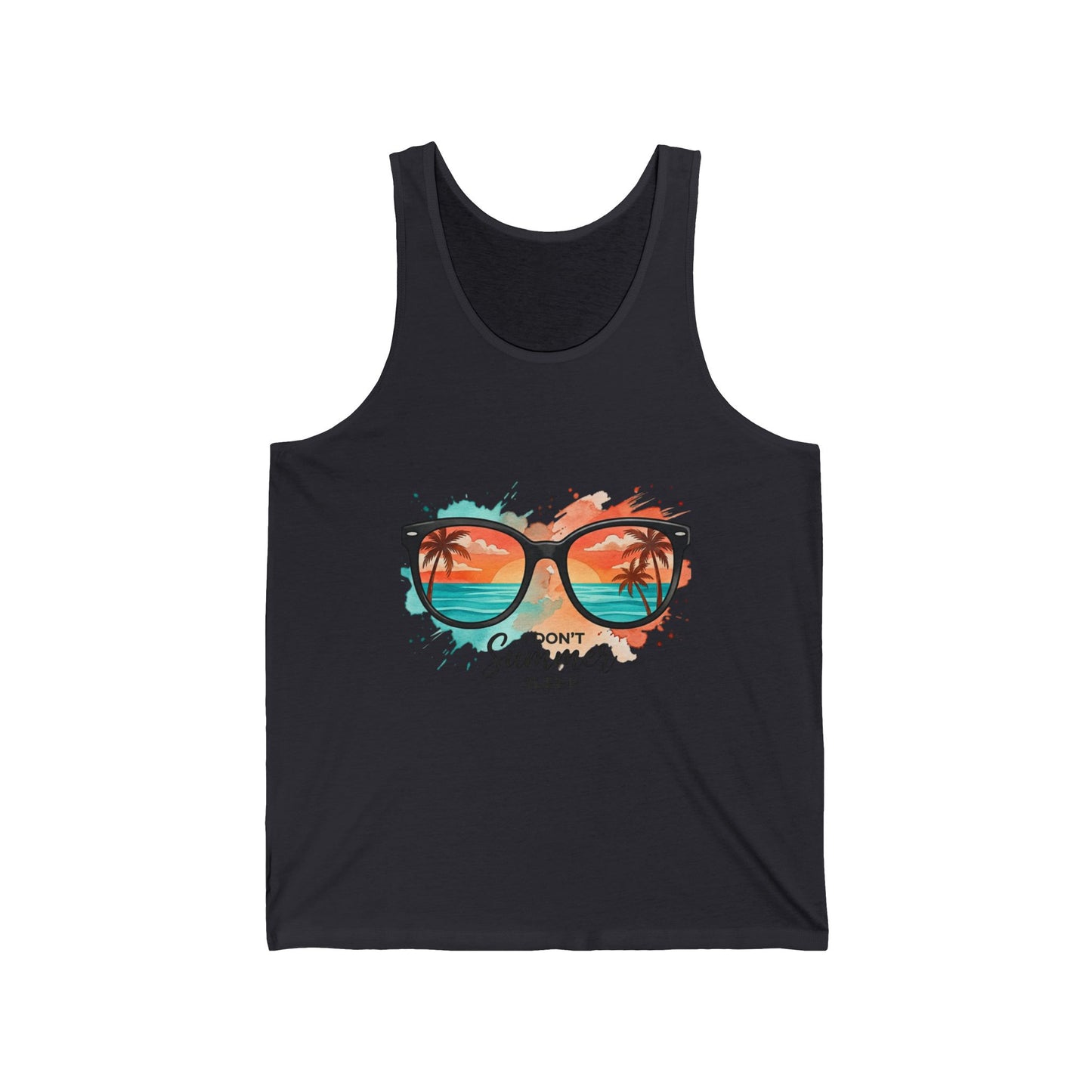 Summer Sunglasses Tank | Beach Sunset Palm Tree GraphicMaiou Damă Premium „Summer Never Sleeps” – 100% Bumbac Airlume, Design Artistic cu Ochelari și Vibe Tropical