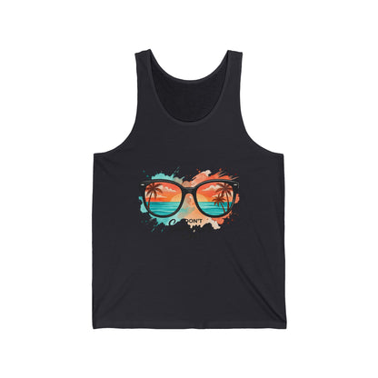 Summer Sunglasses Tank | Beach Sunset Palm Tree GraphicMaiou Damă Premium „Summer Never Sleeps” – 100% Bumbac Airlume, Design Artistic cu Ochelari și Vibe Tropical