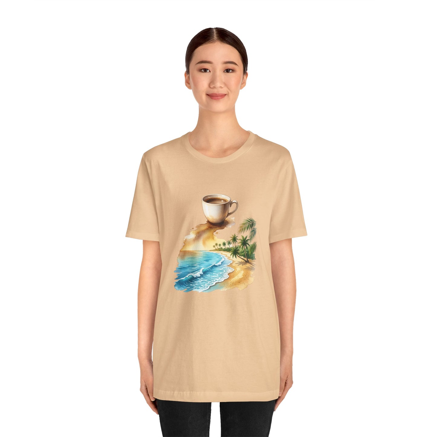 Coffee Beach Scene T-Shirt | Tropical Palm, Ocean WaveTricou Premium „Coffee & Ocean Escape” – 100% Bumbac Airlume, Design Artistic cu Cafea și Mare