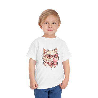 Cute Cat with Glasses and Bubblegum Toddler Tee | Pink Bow Cat Tricou Personalizat pentru Fetițe cu Pisicuță Roz Fashion | 100% Bumbac Premium pentru Copii