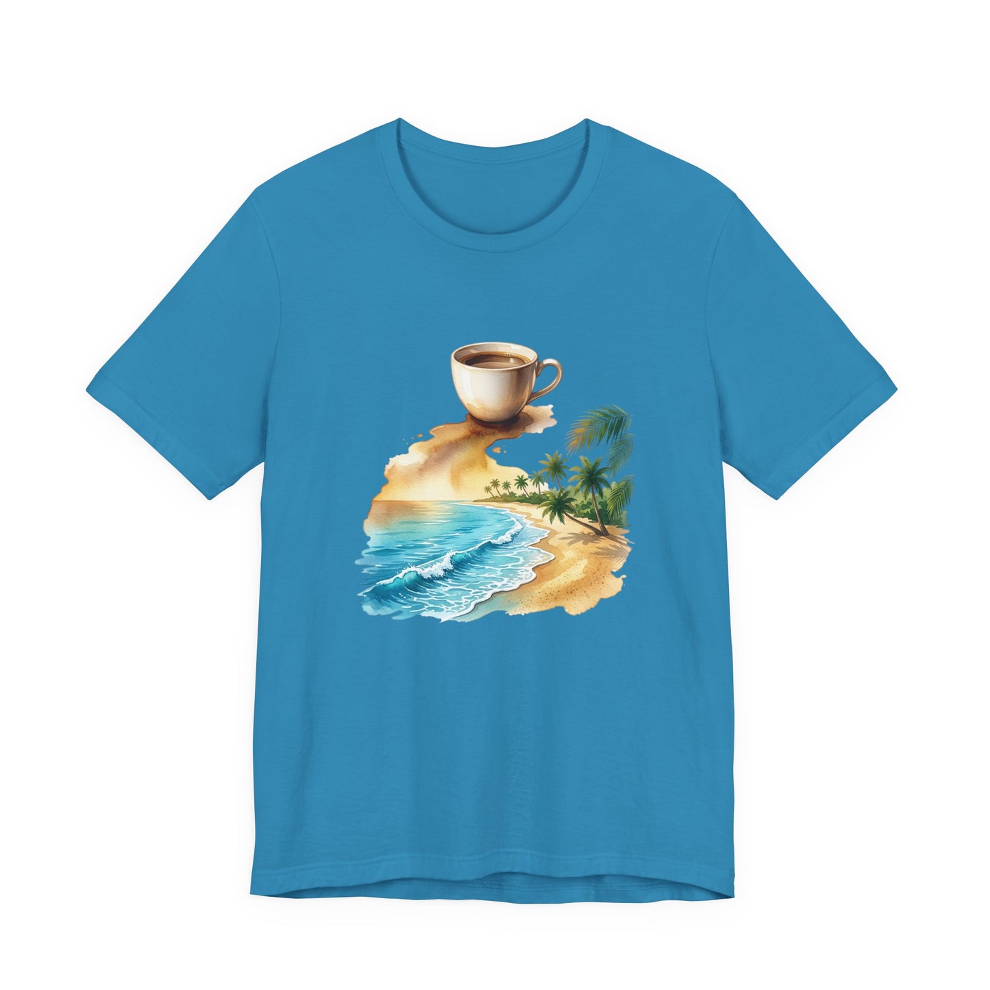 Coffee Beach Scene T-Shirt | Tropical Palm, Ocean WaveTricou Premium „Coffee & Ocean Escape” – 100% Bumbac Airlume, Design Artistic cu Cafea și Mare