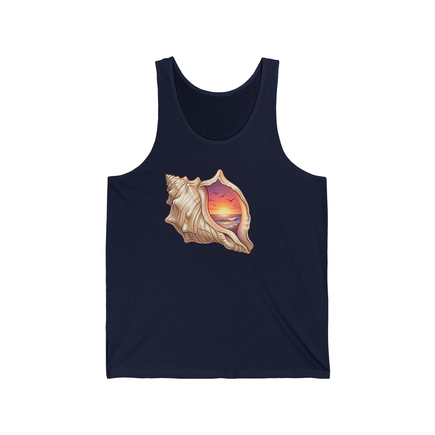 Seashell Sunset Tank | Beach Shell Sunset Illustration, Coastal VibesMaiou Personalizat Premium Unisex din Bumbac Airlume® | Ușor, Confortabil și Print Rezistent | Mărimi XS–2XL