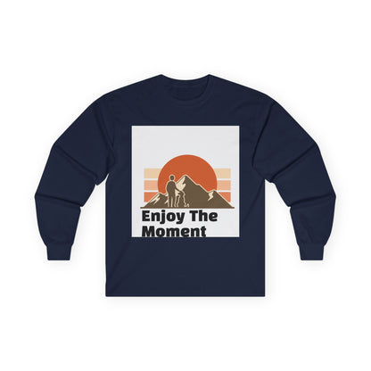 Long Sleeve Tee — "Enjoy The Moment" Retro Sunset Hiking Shirt