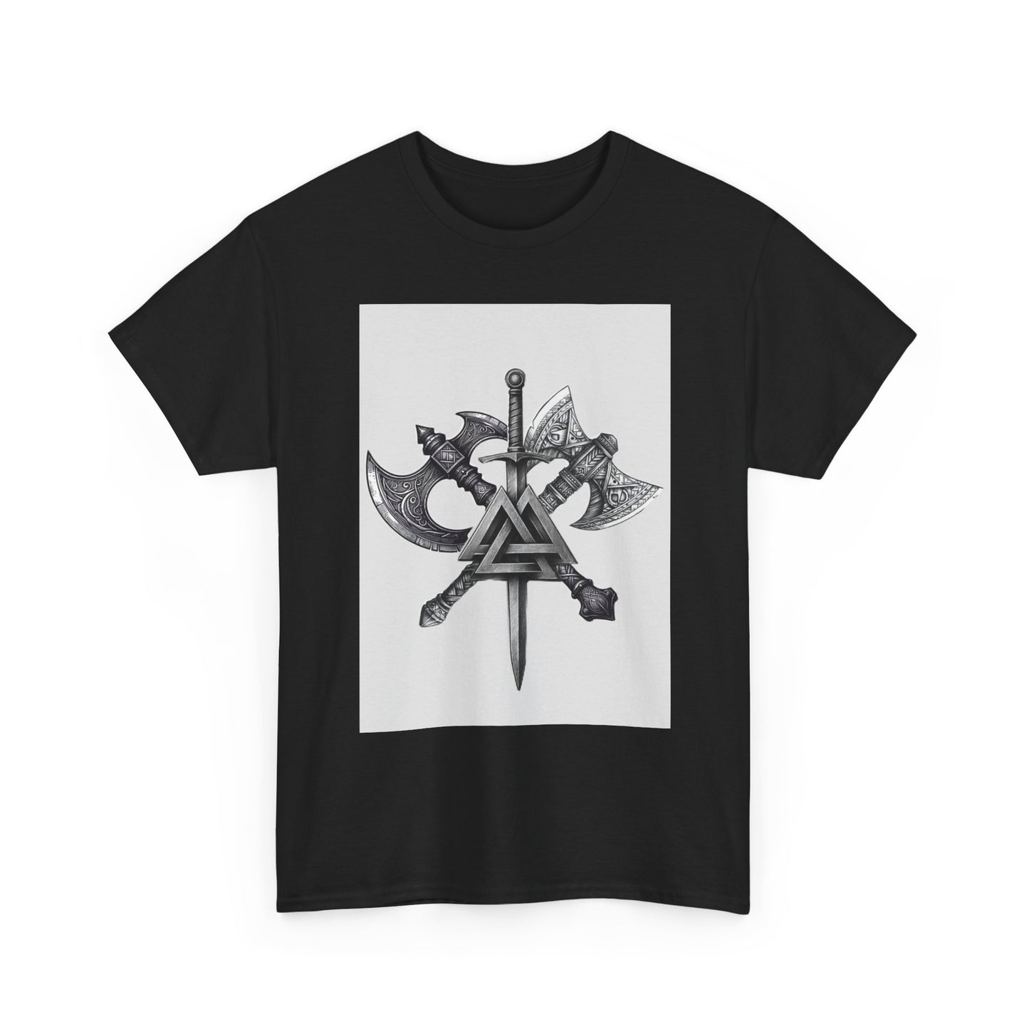 Valknut Viking Axe and Sword T-Shirt | Norse Rune Knotback Tee
