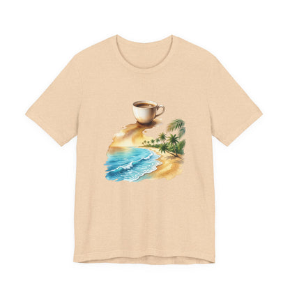 Coffee Beach Scene T-Shirt | Tropical Palm, Ocean WaveTricou Premium „Coffee & Ocean Escape” – 100% Bumbac Airlume, Design Artistic cu Cafea și Mare