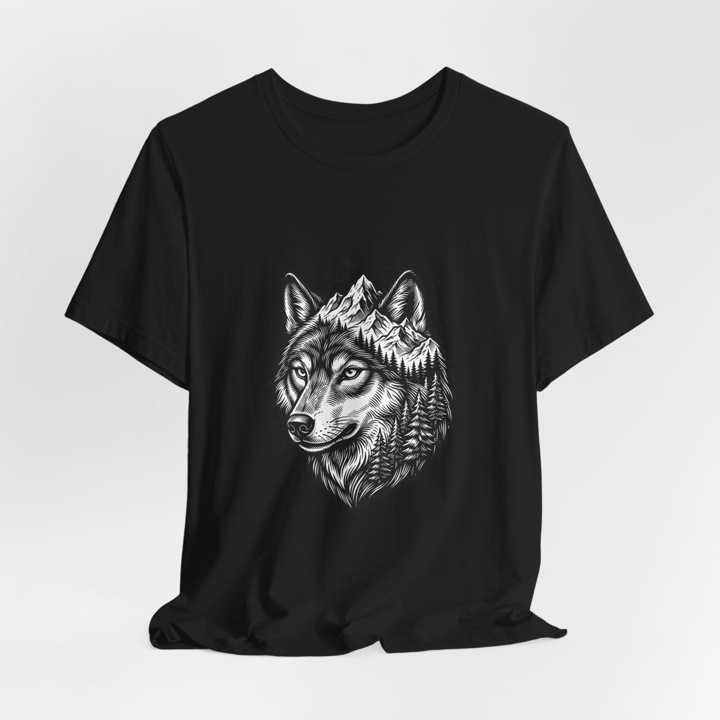 Wolf Head with Mountain Skyline T-Shirt | Nature Wildlife IllustrationTricou Unisex Premium Bella Canvas 3001 – Bumbac Moale, Stil Modern & Confort Zilnic