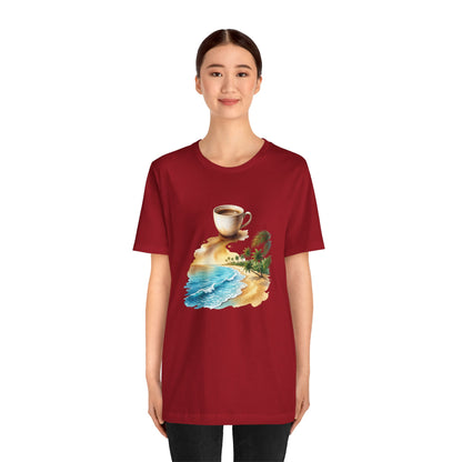 Coffee Beach Scene T-Shirt | Tropical Palm, Ocean WaveTricou Premium „Coffee & Ocean Escape” – 100% Bumbac Airlume, Design Artistic cu Cafea și Mare