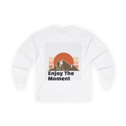 Long Sleeve Tee — "Enjoy The Moment" Retro Sunset Hiking Shirt