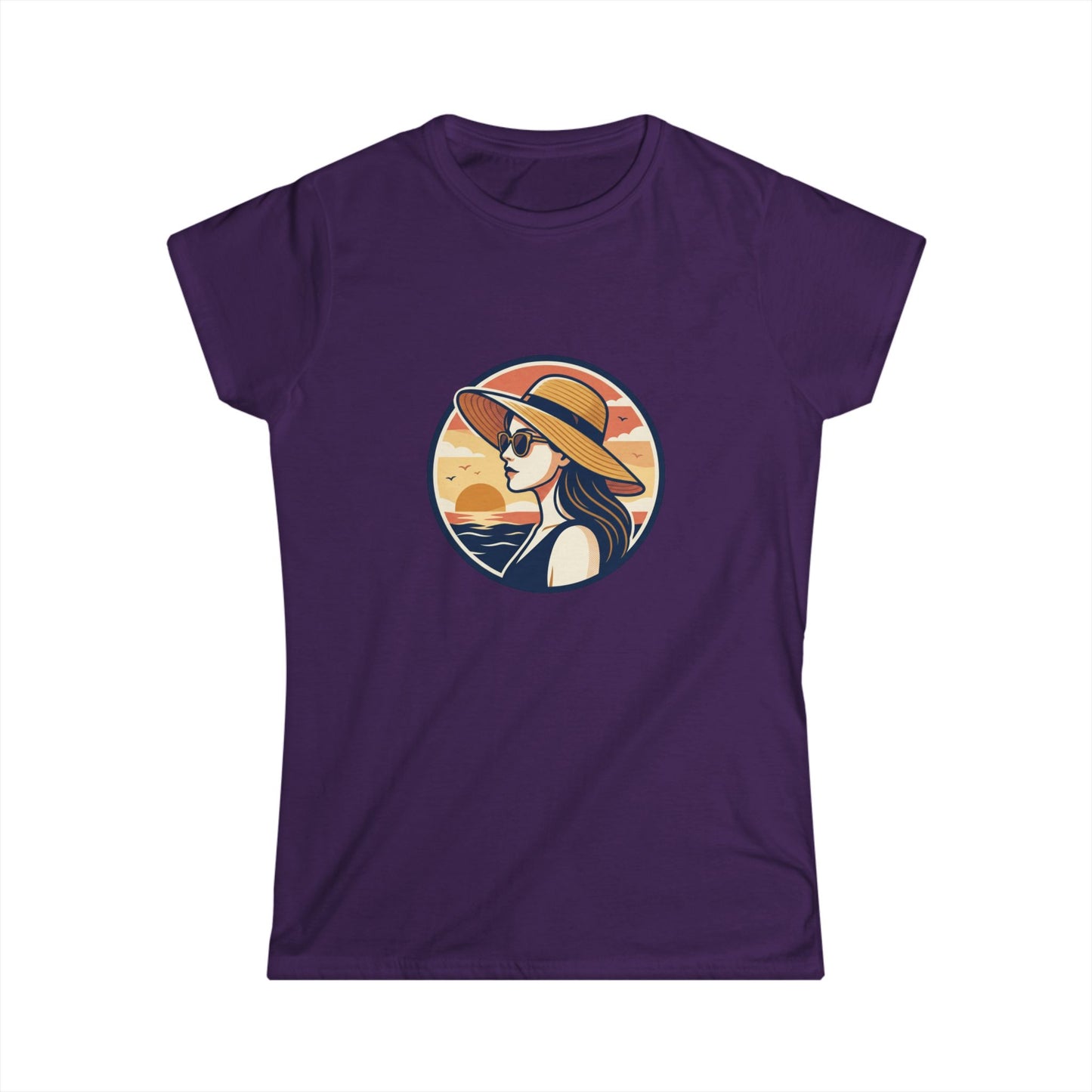 Woman in Sun Hat Tee | Retro Sunset Beach Illustration