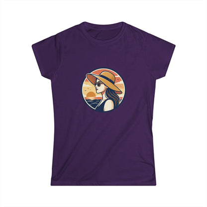 Woman in Sun Hat Tee | Retro Sunset Beach Illustration