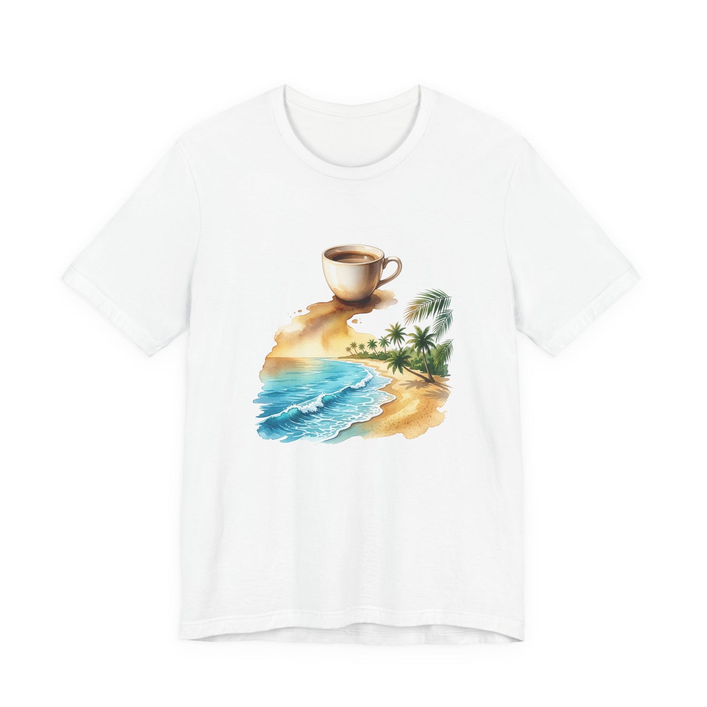 Coffee Beach Scene T-Shirt | Tropical Palm, Ocean WaveTricou Premium „Coffee & Ocean Escape” – 100% Bumbac Airlume, Design Artistic cu Cafea și Mare