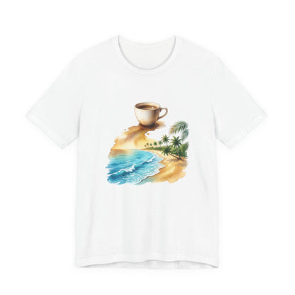 Coffee Beach Scene T-Shirt | Tropical Palm, Ocean WaveTricou Premium „Coffee & Ocean Escape” – 100% Bumbac Airlume, Design Artistic cu Cafea și Mare