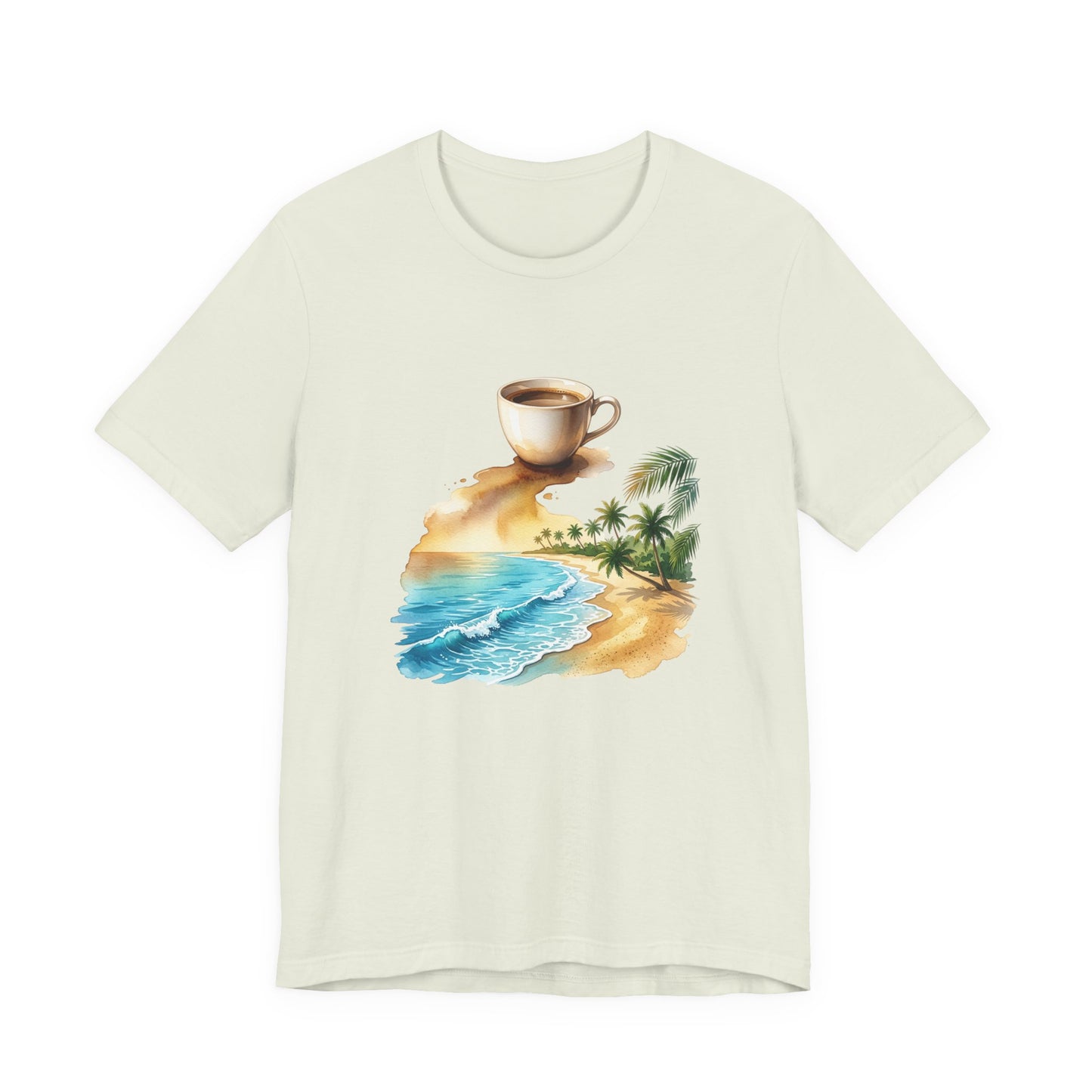 Coffee Beach Scene T-Shirt | Tropical Palm, Ocean WaveTricou Premium „Coffee & Ocean Escape” – 100% Bumbac Airlume, Design Artistic cu Cafea și Mare