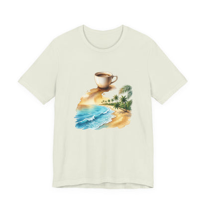 Coffee Beach Scene T-Shirt | Tropical Palm, Ocean WaveTricou Premium „Coffee & Ocean Escape” – 100% Bumbac Airlume, Design Artistic cu Cafea și Mare