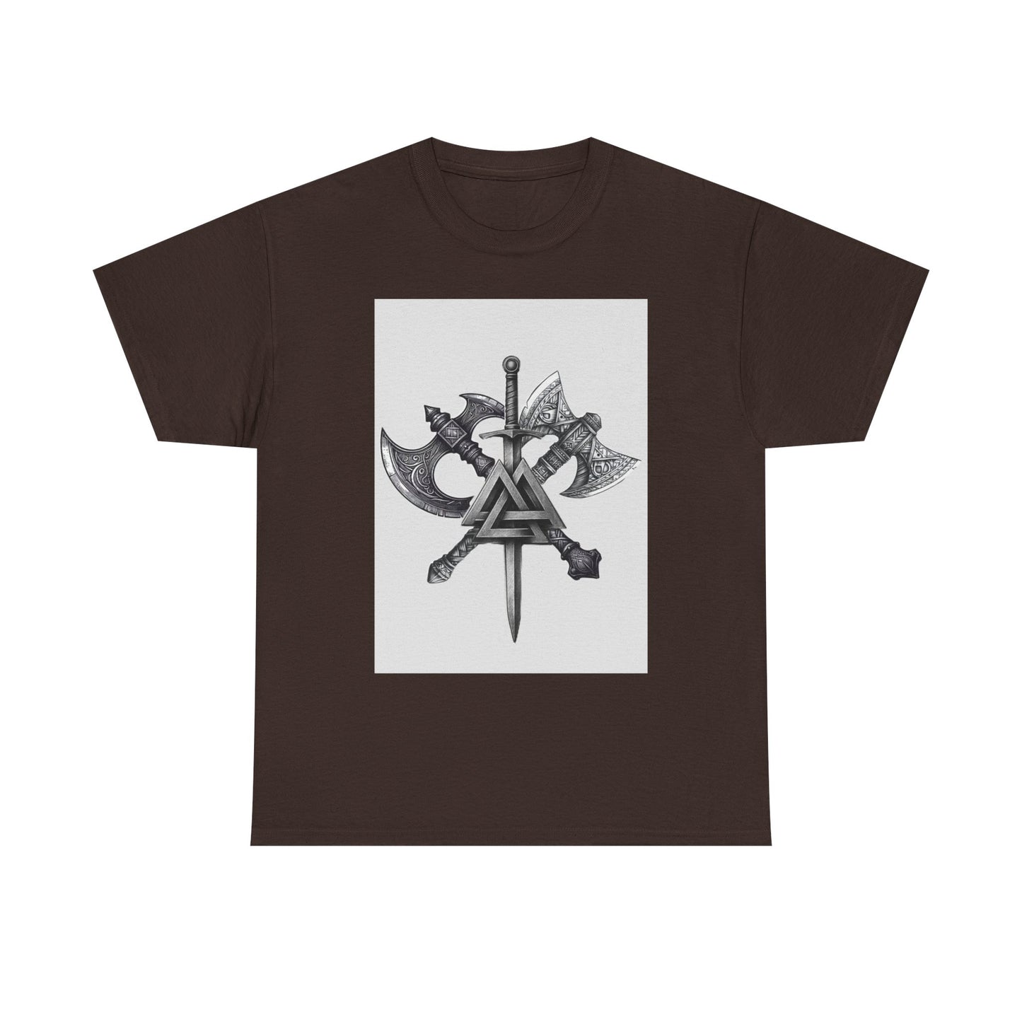Valknut Viking Axe and Sword T-Shirt | Norse Rune Knotback Tee