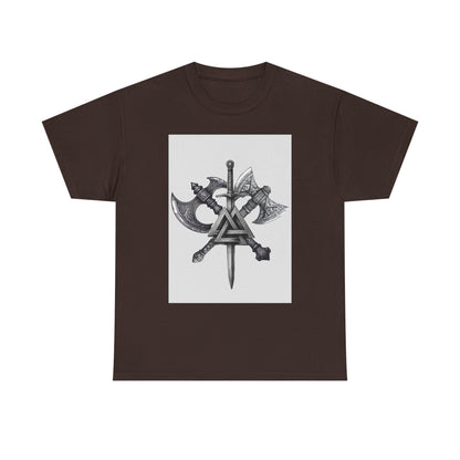 Valknut Viking Axe and Sword T-Shirt | Norse Rune Knotback Tee